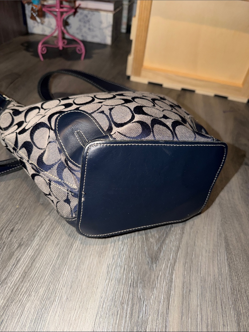 Vintage Coach Navy and Khaki Signature Canvas Hobo Shoulder Bag - Picture 3 of 6